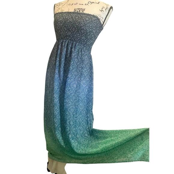 OLD NAVY OMBRE DRESS MAXY STRAPLESS SZ S BLUE GREEN WAVY RUCHED BEACHY AESTHETIC - Picture 4 of 15